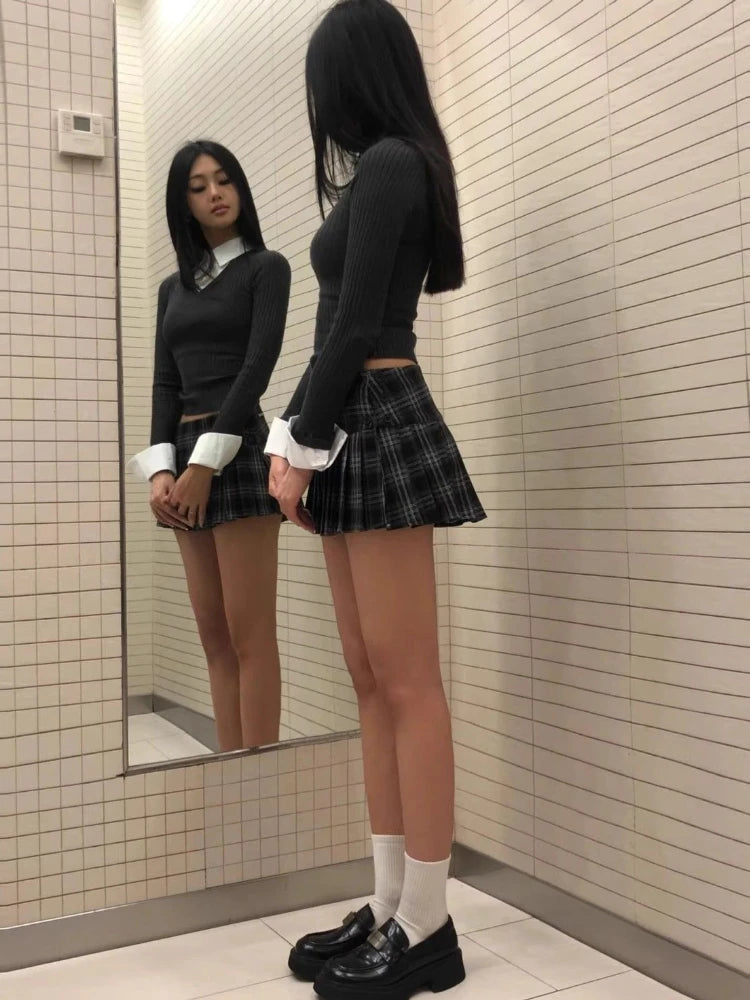 BXOXO Vintage Y2K Plaid Mini Skirt Women Sexy Preppy Style Low Waist Slim A-line Side Split Retro Pleated Skirt Streetwear