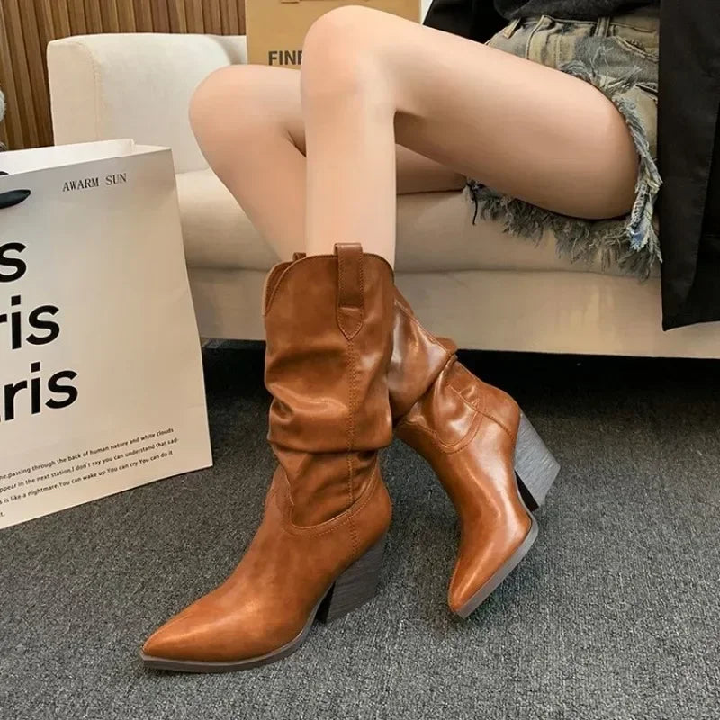 BXOXO Female Western Boots Cowboy Boots Women Plested Women Ankle  Pu Leather Shoes Autumn Boots Women Booties Lady Plus Size 42