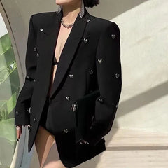 Bxoxo Spring Autumn Blazer Women Fashion Loose Single Button Love Decoration Black Coat Female Harajuku Long Sleeve Lapel Suit Jacket