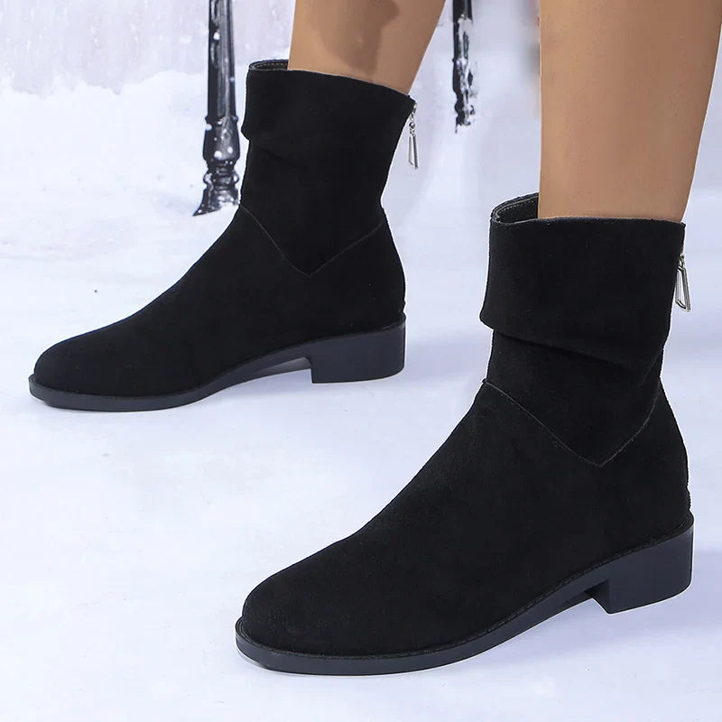 BXOXO Autumn Womens Solid Pleated Ankle Boots Fashion Faux Suede Square Heel Boots Ladies Round Toe Back Zipper Office Shoes Boats