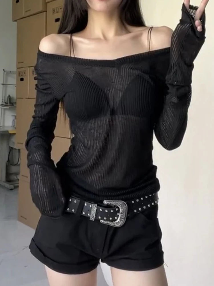 Bxoxo Women Long Sleeve T Shirt Thin Perspective Summer Solid Slim Casual Shirts Female Pullovers Basic Tee Y2k Clothes Streetwear Top