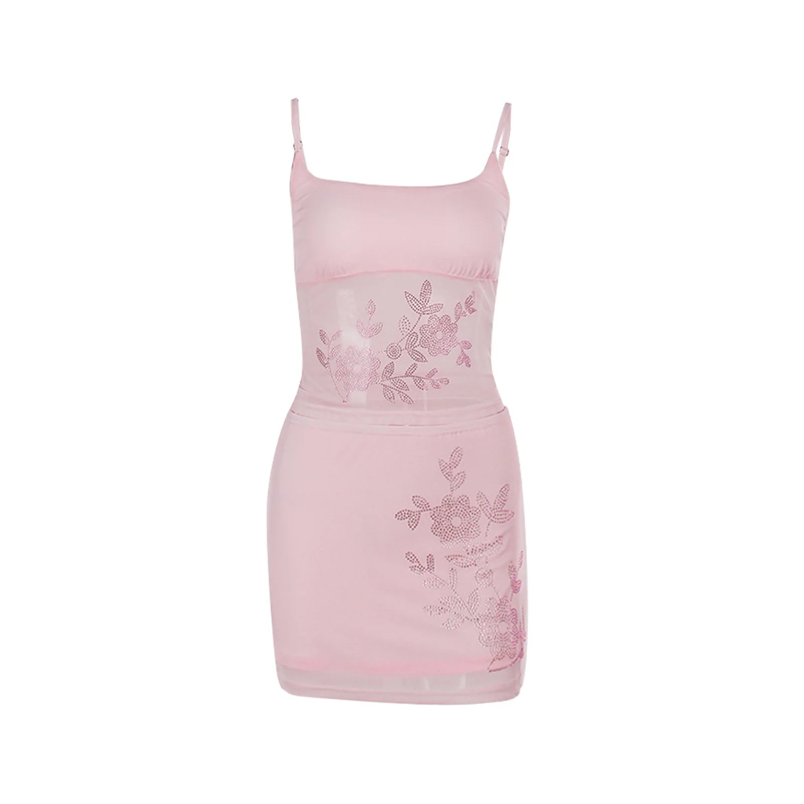 BXOXO Women Summer 2 Piece Skirt Set Rhinestone Flower Scoop Neck Crop Spaghetti Strap Tops Low Rise Mini Bodycon Skirt