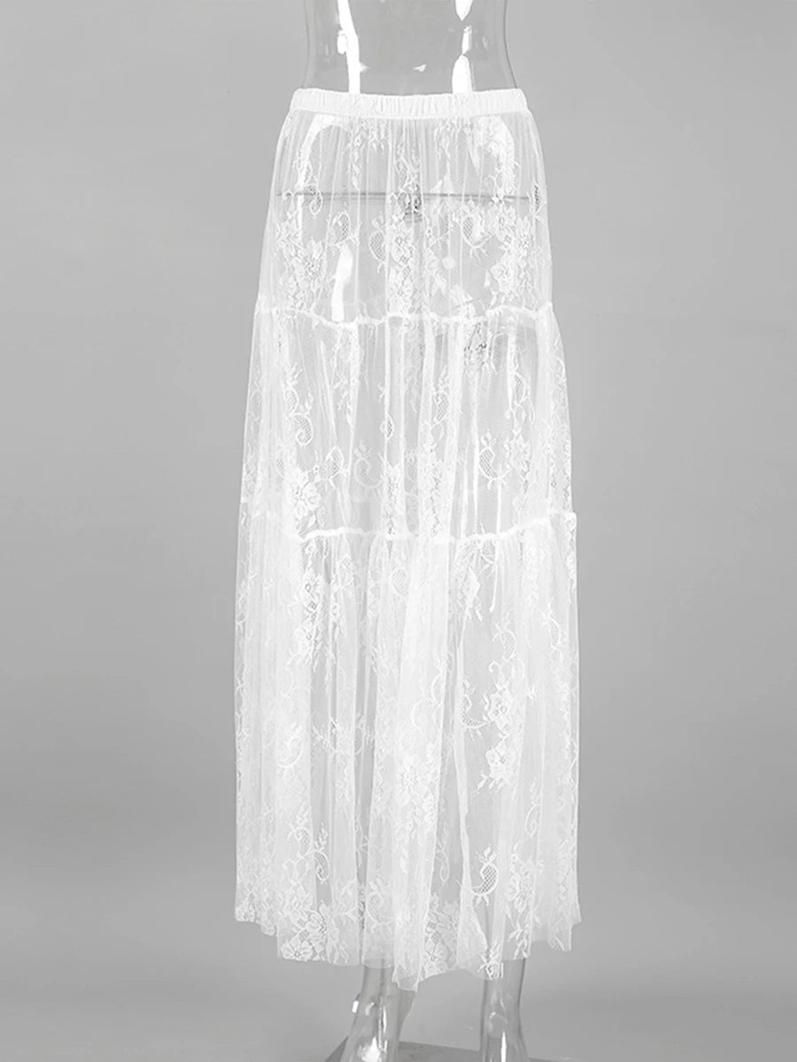Bxoxo New Jacquard Lace Sheer Long Skirt Women Elastic Waist White Sexy Transparent Maxi Skirts Female Streetwear Fashion Faldas Jupe