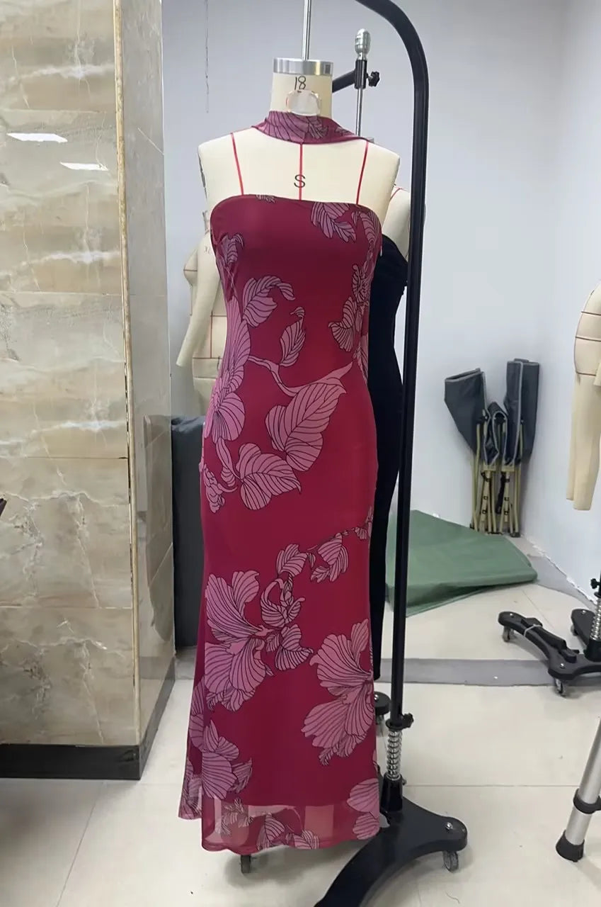 BXOXO Women Long Dress Floral Print Tube Dress Summer Backless Casual Strapless Dress with Choker Scarf Holiday Sundress