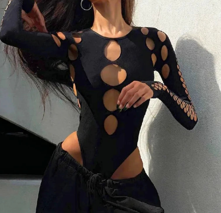 Sexy Dot Hollow Out Bodysuit Y2K Gothic Punk Long Sleeves Bodycon T-shirt Women Autumn Streetwear Slim Bodice Bodysuits