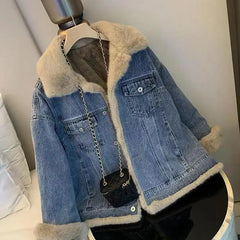 BXOXO Jean Jacket For Women Autumn And Winter New Retro Lamb Wool Casual Loose bf Plush Thick Casual Style Overcome Women Denim Coat