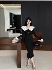 Bxoxo Elegant Ruffled Slim Mermaid Dress Women Autumn New Patchwork Casual Midi Dress Female Korean Long Sleeve Knit Folds Vestidos