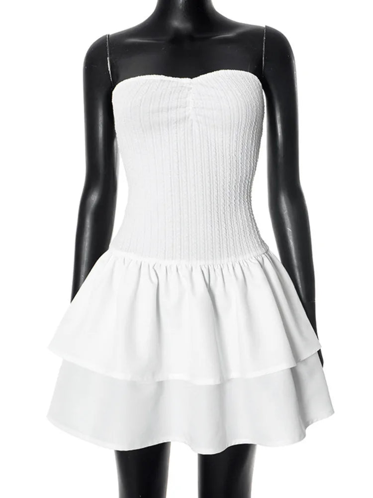 BXOXO  Off-shoulder Strapless Sexy Mini Dress For Women White Spaghetti Strap Sleeveless High Waist A-line Cake Dress Vestido