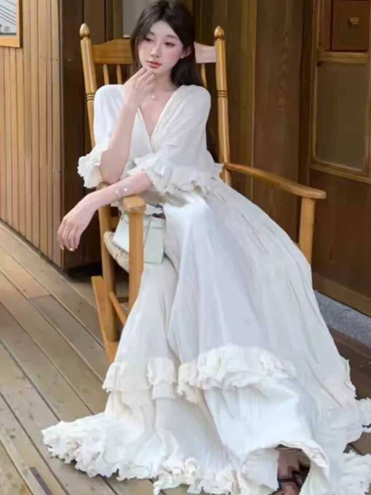 Bxoxo Women's Ruffles Fairy French Dress V-Neck Full Skirt Short Sleeves Long Dressses Beach Holiday Vestidos 2025 Summer Fashion New