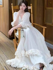 Bxoxo Women's Ruffles Fairy French Dress V-Neck Full Skirt Short Sleeves Long Dressses Beach Holiday Vestidos 2025 Summer Fashion New