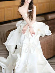Bxoxo Elegant Dress For Women Satin Strapless 3D Flower Spliced Solid Color Asymmetrical Female Party Dresses 15DZ376
