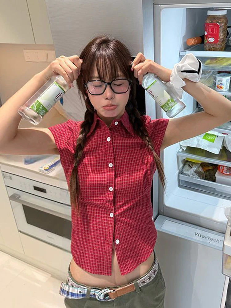 Bxoxo Pure Cotton Red Plaid Shirt Women Slim Sexy Cropped Short Sleeve Y2K Blouse Vintage American Streetwear Female Summer Tops
