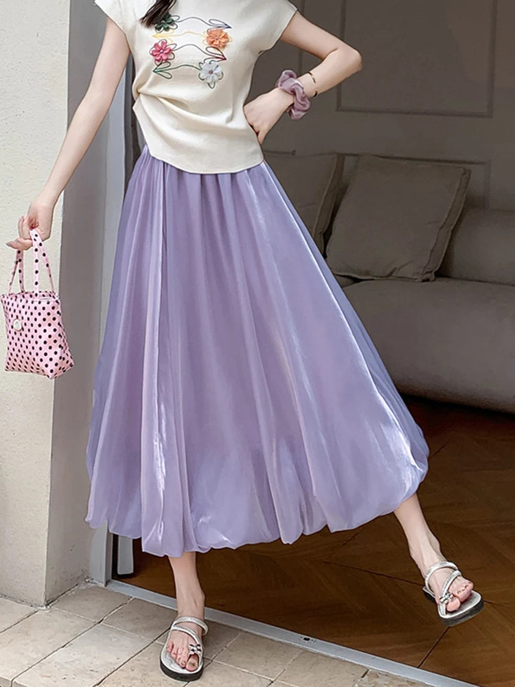 Bxoxo Elegant Stain White Long Skirt Women High Waist Fashion Korean Sweet Skirts Casual Design Summer Gown Ball Long Skirts New