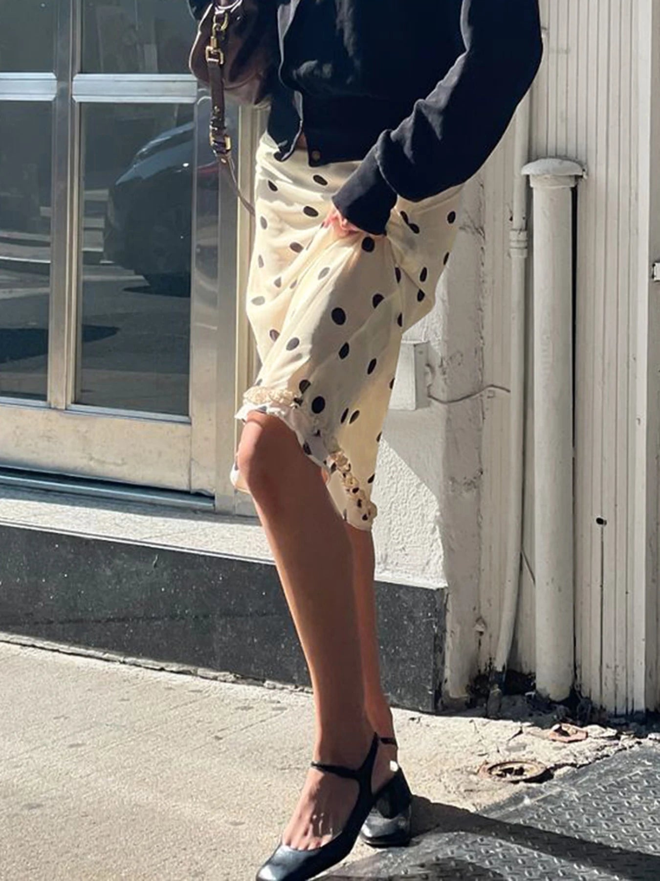 Bxoxo Elegant Ladies Polka Dot Midi Skirts Kawaii Ruched Stitching Straight Skirts for Women Summer Streetwear Casual Clothing