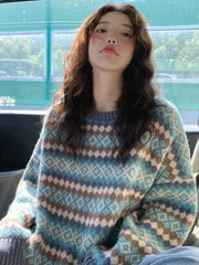 Bxoxo Winter Knitwear Pullover Sweaters For Women Top Blue Vintage Long Loose Autres Sweats Warm Korea Fashion Kawaii Jersey Jumper