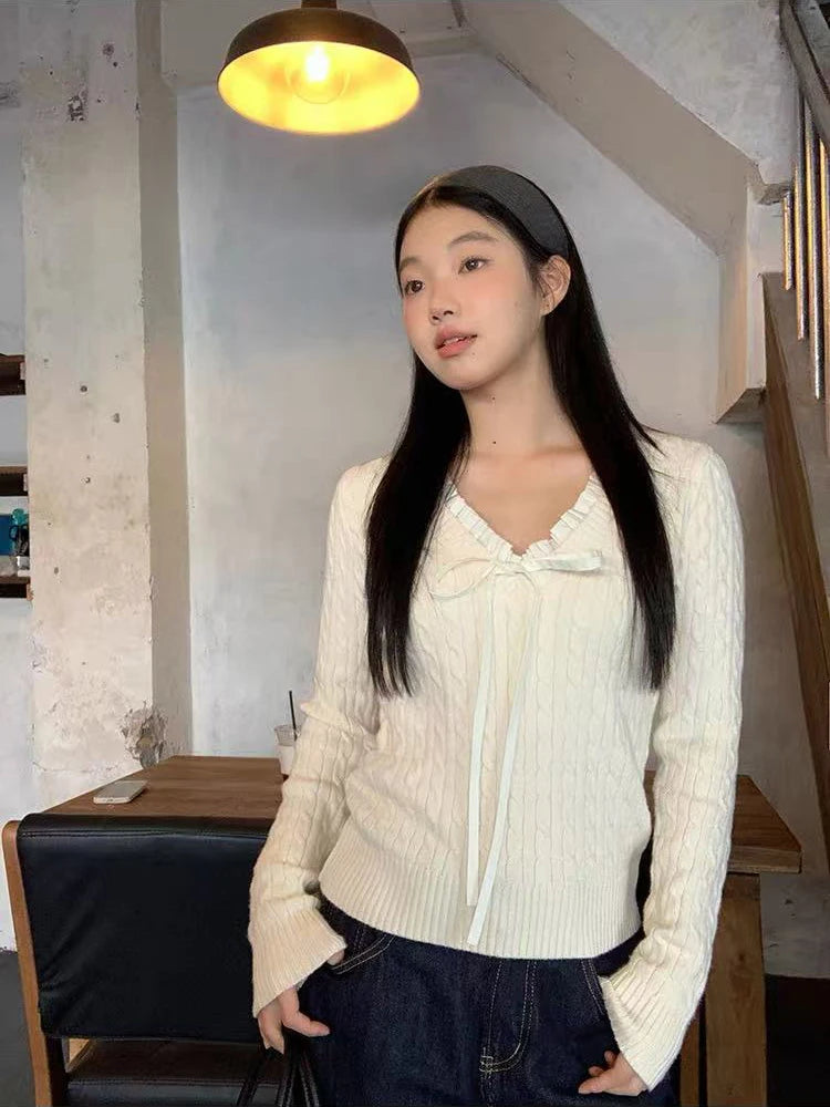 Bxoxo Sweet Bow Knit Sweater for Women Korean Chic Lace Up Long Sleeve Patchwork Slim Pullovers Autumn Winter All Match Jumper Mujer