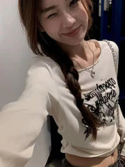 BXOXO Sexy Pleated Grunge Tee Shirts Femme Slim Fit Y2k Aesthetic Letter Print Long Sleeve Cropped Top Women Fashion All Match T-shirt