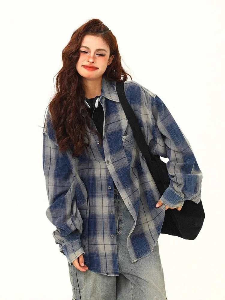 Bxoxo Streetwear American Plaid Shirt Women Oversize Loose Vintage Long Sleeve Blouse Hip Hop Casual Retro Harajuku Bf Pockets Tops