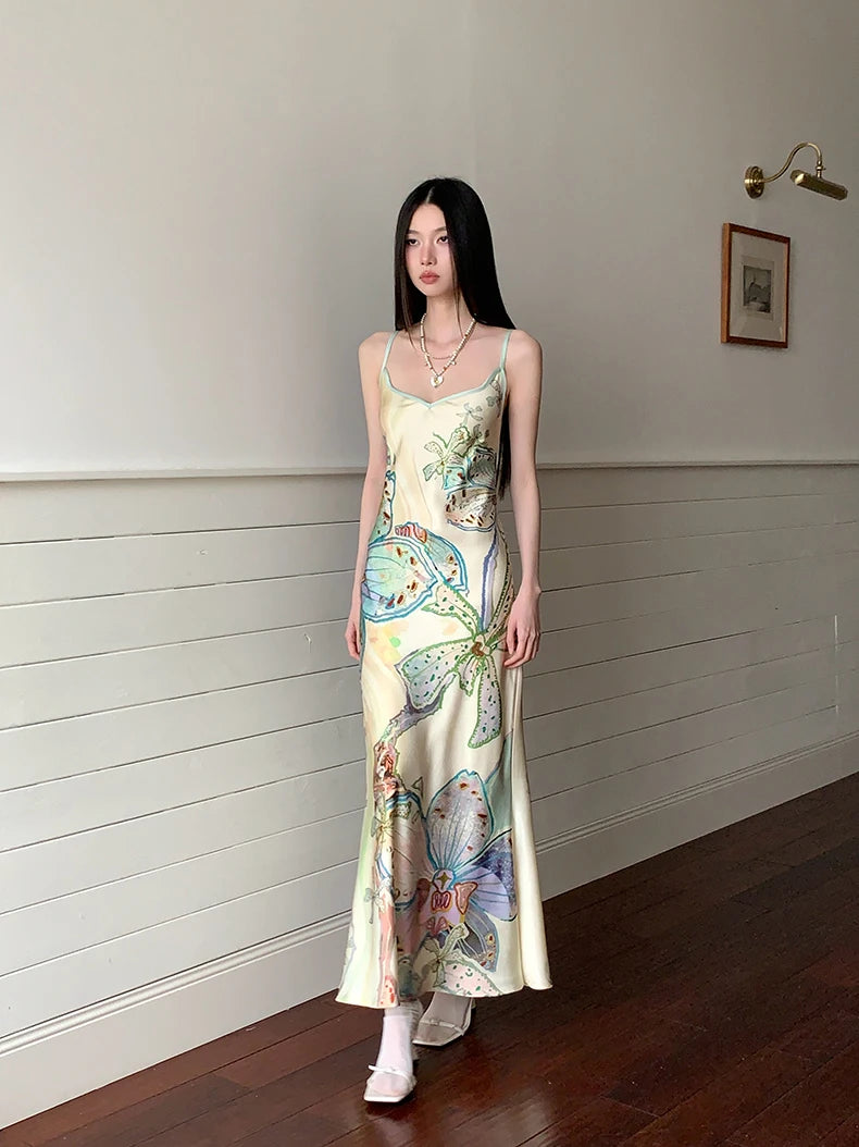 Bxoxo Ocean Flowers Backless Long Mermaid Dress For Woman Summer 2025 V Neck Midi Slip Dress Evening Party Clothes
