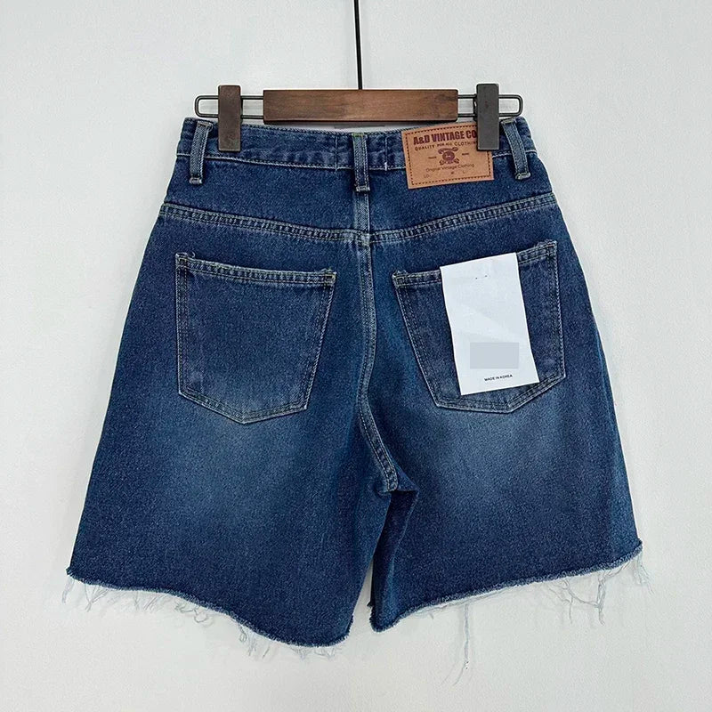 Bxoxo Summer Blue Ragged Edge Retro Versatile Denim Shorts Women's New Korean Fashion High Waist Straight Simple Women's Short Jeans