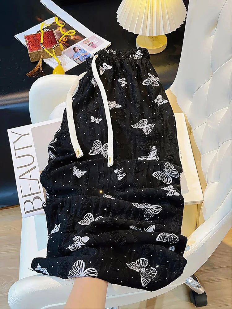 Bxoxo High Waist Wide Leg Pants Women Summer Loose Butterfly Print Female Casual Pants Y2K Korean Drawstring Floor Length Trousers