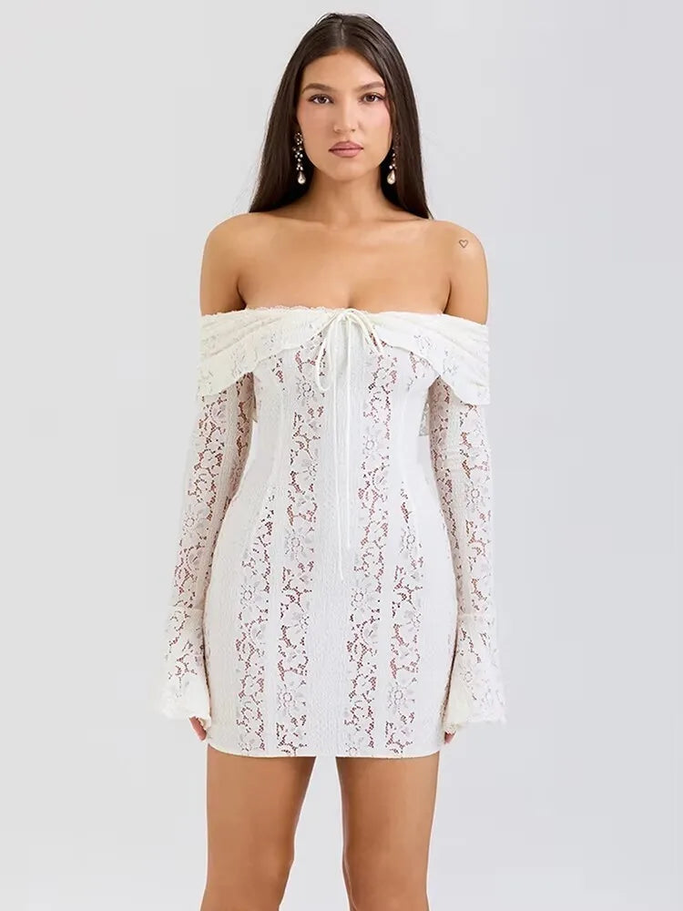 BXOXO  Lace Off-shoulder Sexy Maxi Dress Women Strapless Backless Long Sleeve Bodycon Evening Club Party Long Dress Elegant