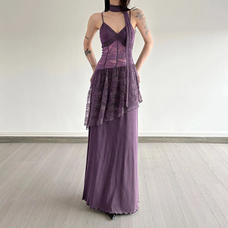 Bxoxo Lace Patchwork Women Camis Dress French Elegant Hepburn Style Splicing Midi Dress Y2K Streetwear Hot Girls Vacation Vestidos