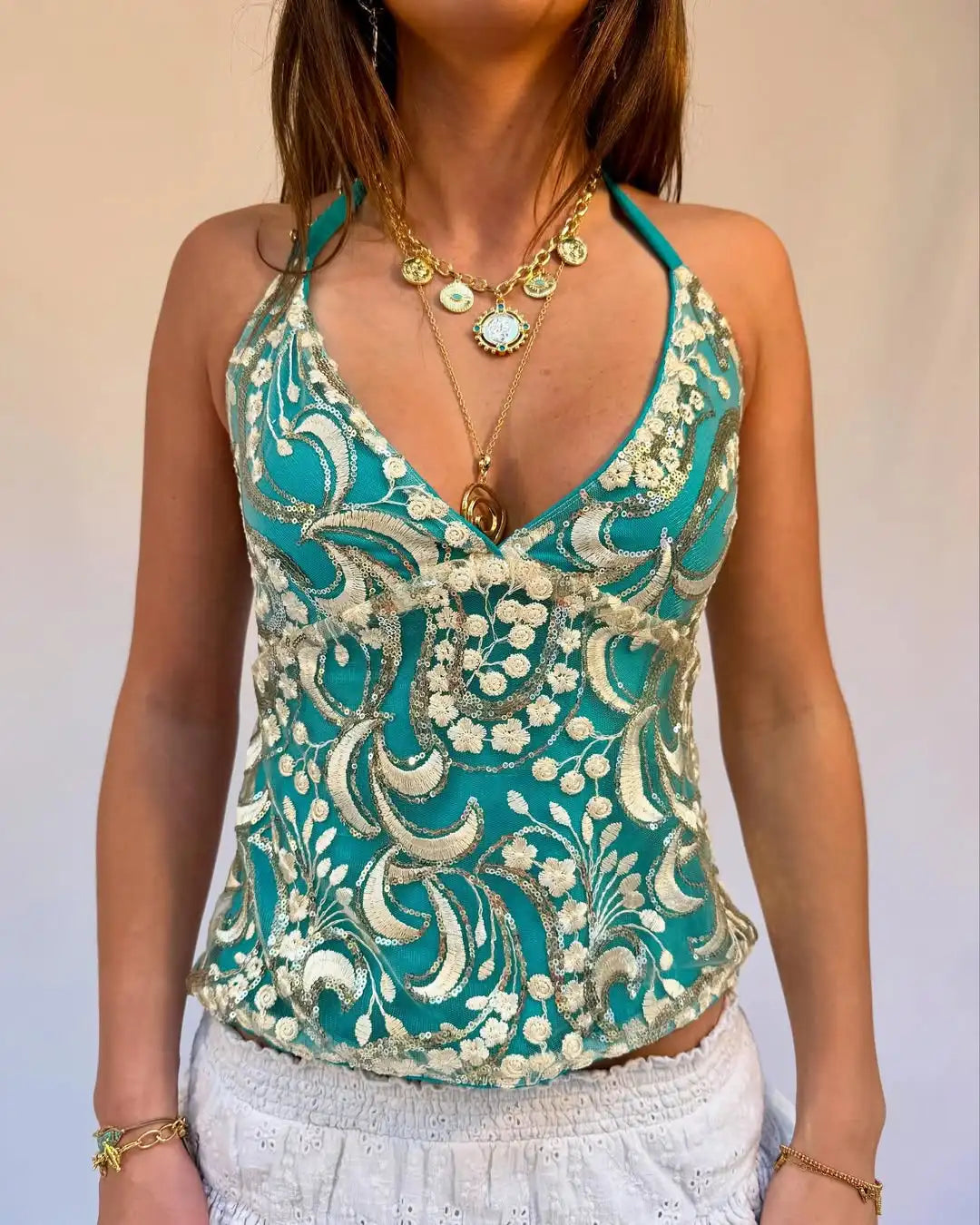 BXOXO Glitter Beaded Vest Sequin Sparkly Backless Tie Up Halter Tops Boho Beach Vacation Crop Top Women Y2k Coquette Camis