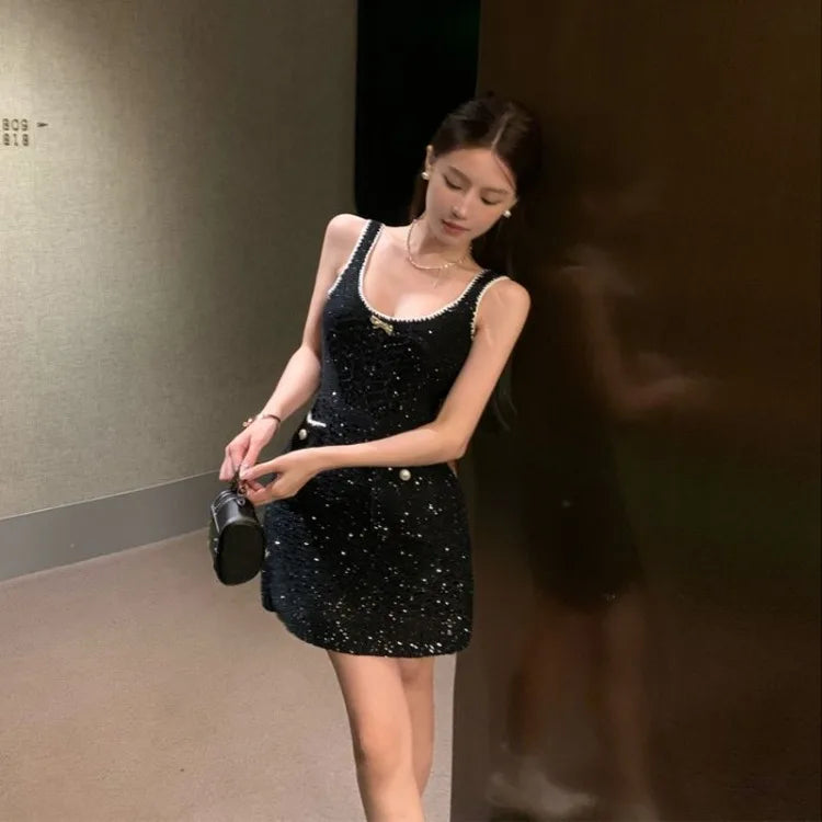 BXOXO Heavy Sequin Sexy Strap Dresses Spring New Slim Fit Bodycon Dress for Women Y2k Fairycore Sleeveless Black Vestidos Mujer