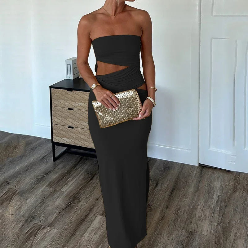 BXOXO Long Dress Summer Women Fashion Sleeveless Strapless Tube Backless Nipped Waist Cut Out Slit Slim Party Bodycon Dresses
