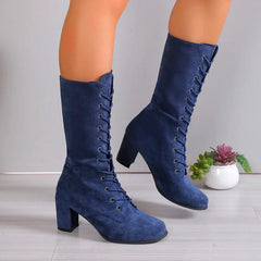 BXOXO New Women Shoes Lace Up Mid-Calf Womens Boots Autumn Winter Thick Heel Solid Flock Ladies Boots Large Size 43 Fashion Boots