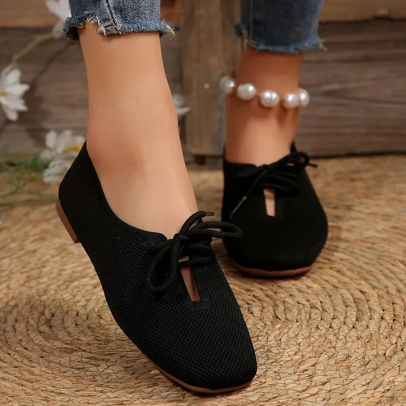 BXOXO Autumn Mesh Breathable Women's Flat Shoes Solid Simple Ballet Flats Female Casual Lace-up Walking Shoes for Women