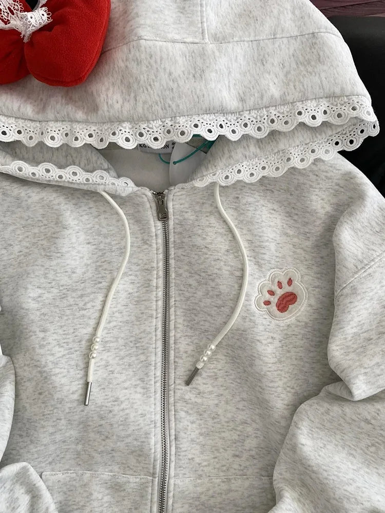 Bxoxo Kawaii Print Bow Hoodies Women Sweet Lace Patchwork Long Sleeve Cute Sweatshirts Japan Loose Pockets Letter Female Zipper Tops