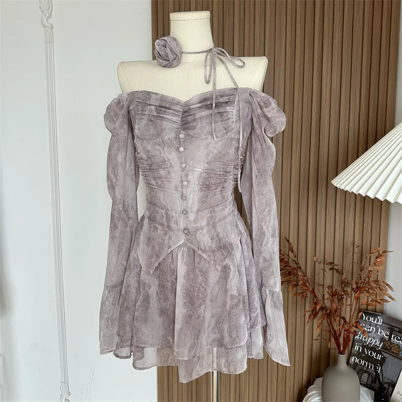 Bxoxo Women A-line Luxury Dress Elegant Long Sleeve Mini Evening Dress Harajuku Vintage 90s Y2k One Piece Frocks 2000s Clothes Autumn