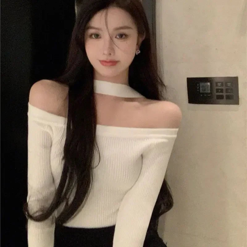 Bxoxo Sexy Halter Sweater Slash Neck Off  Shoulder Pullovers Spring Autumn Women Tops Knitted Korea Style Blue Rose White Black White