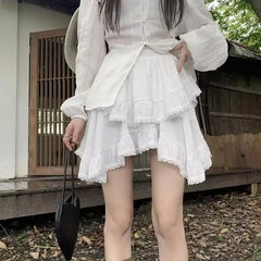 BXOXO Mini Skirts Women Irregular Lace Patchwork Ruffles Stretch High Waist 2025 Summer Fashion Sweet Skirt Female Casual