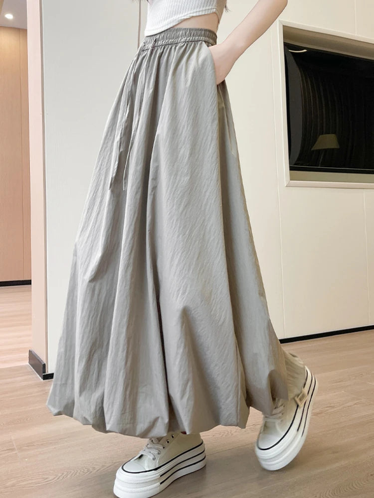 Bxoxo High Waist Fluffy Flower Bud Skirt Summer New Loose Versatile A-line Lantern Skirt Solid Color Elastic High Waist Long Skirt