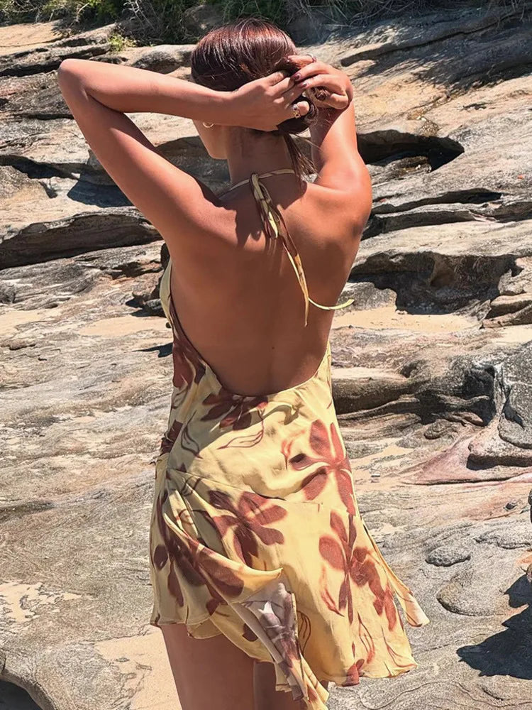 BXOXO  Halter Print Sexy Mini Dress For Women Robe Elegant Deep V Neck Sleeveless Backless Ruffled High Waist Beach Dress