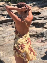 BXOXO  Halter Print Sexy Mini Dress For Women Robe Elegant Deep V Neck Sleeveless Backless Ruffled High Waist Beach Dress