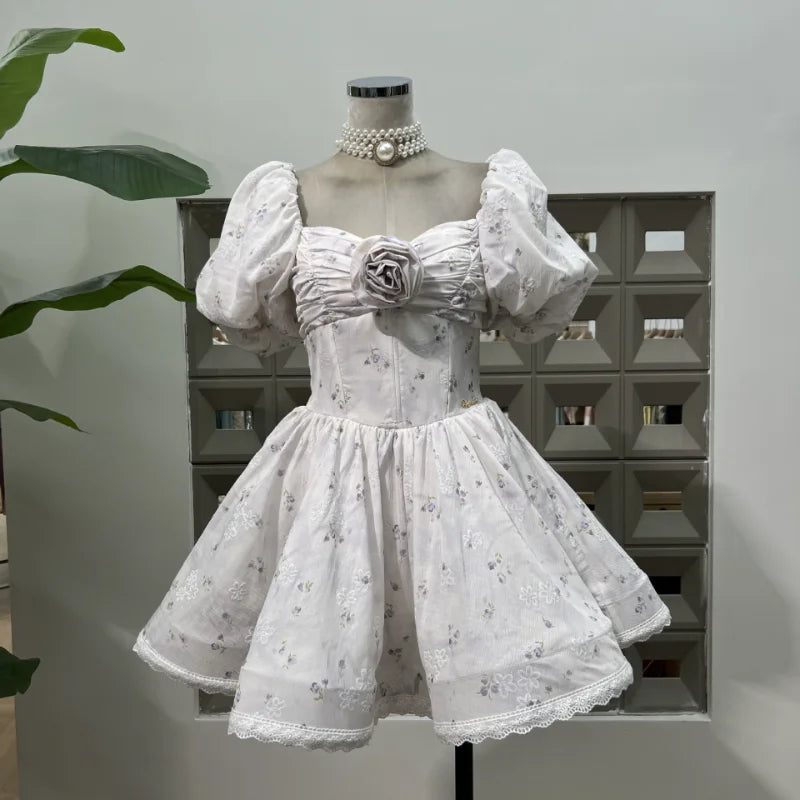 BXOXO French Spliced Appliques Sweet A Line Dresses For Women Slash Neck High Waist Printing Lace Backless Dress Female Fashion