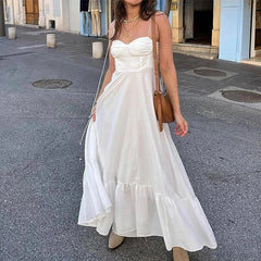 BXOXO Basic All-Match White Sling Dress Temperament High Waist Ruffled Dress Sweetheart Adjustable Bow Straps Thin Camisole Dress