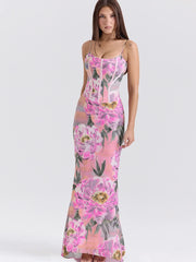 BXOXO Flower Print Dress Women Temperament Patchwork Spaghetti Strap Draped Backless Sleeveless Sexy Birthday Party Vestidos