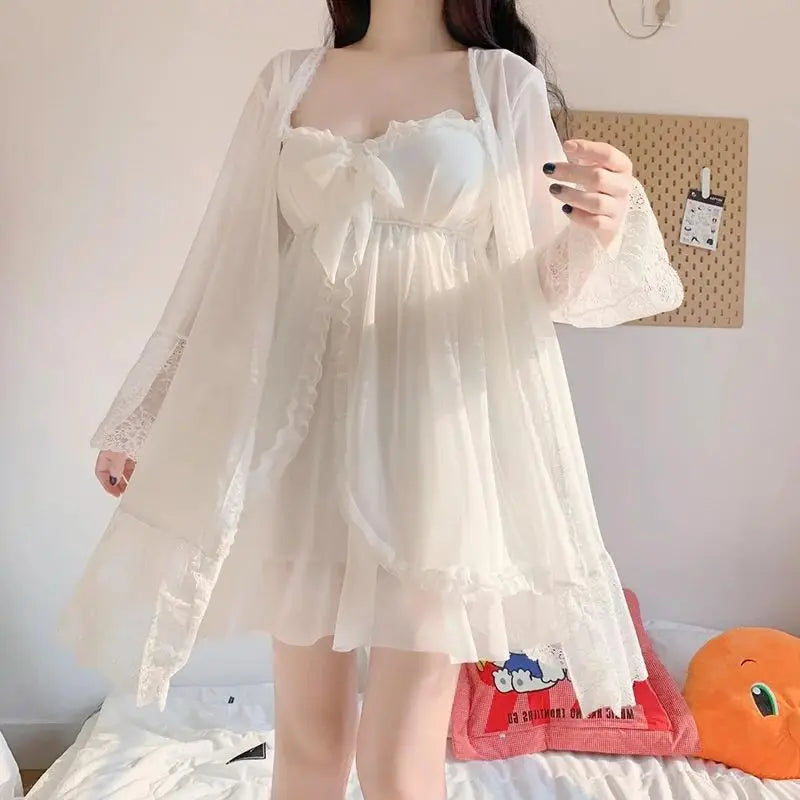 Bxoxo Elegant Sweet Simple Solid White Women Robe Gown Sets Chic Lace Bow Mesh  Sleepwear Breathable Slim Nightdress