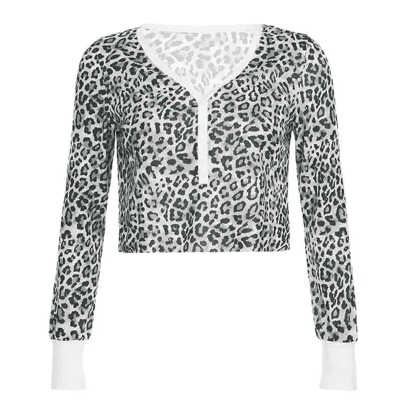Bxoxo Retro y2k Leopard Print Cropped Top Women Autumn Casual V-neck Long Sleeve T-shirts Vintage 2000s Tees Aesthetic Harajuku