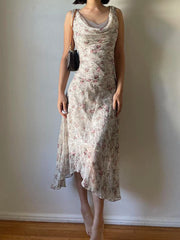 BXOXO French Chic Elegant Flower Print Women Dress Lace Trim Ruched Slim Long Dress Summer New Clothes