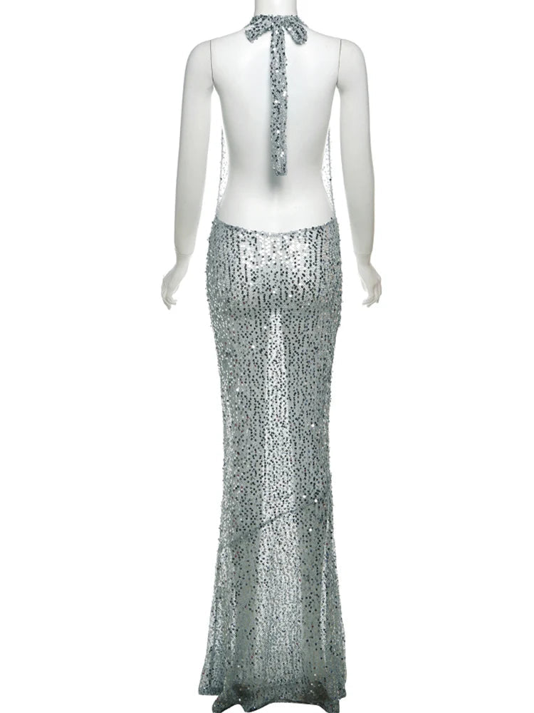 BXOXO Shiny Sequins Sexy Women Long Dress Stunning Halter Lace Up Swinging Neck Backless Sheath Vestidos Female Club Party Robe