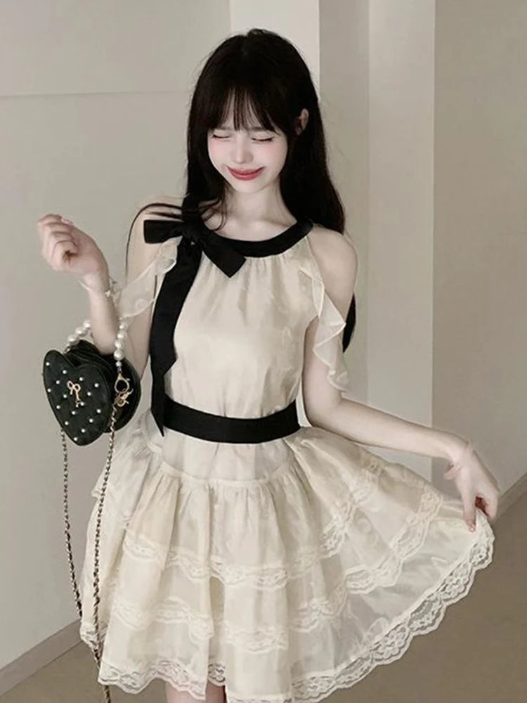 Bxoxo Off Shoulder Bow Sweet Dress Women Vintage O Neck Casual Elegant Mini Dress Lace Patchwork Retro Slim Lady Summer Vestidos