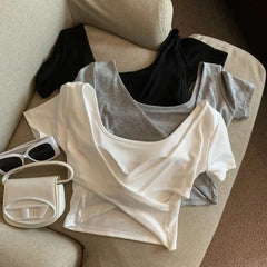 Bxoxo Cotton Square Neck T-Shirt Women Summer Solid Korean Casual Slim Crop Tops Female Fashion Streetwear Simple Basic All-Match Tees