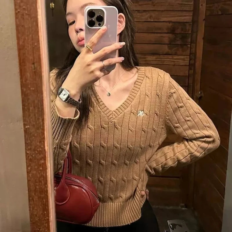 Bxoxo Korean Style V Neck Sweaters Women Preppy Style Sweet Knitted Pullover Vintage Elegant Old Money Long Sleeve Crop Tops