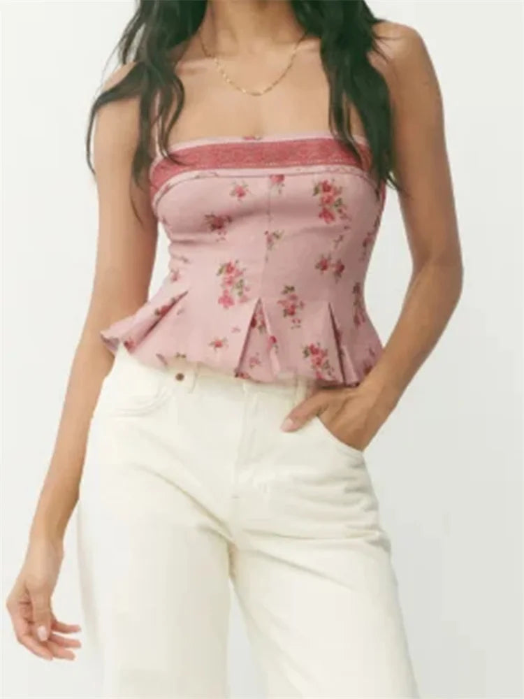 BXOXO Women Floral Print Camis Sleeveless Strap Tops Low-cut Backless Slim Fit Summer Vest Party Club Tank Streetwear